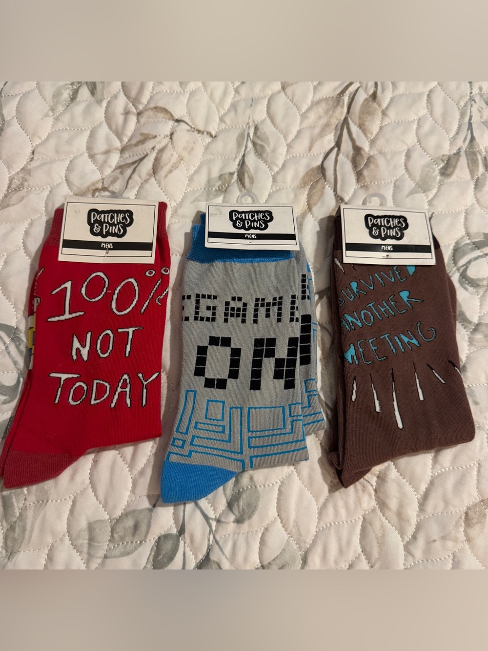 Patches & Pins Mens Novelty Socks 3 Pack NWT Game On Not Today Meeting Office